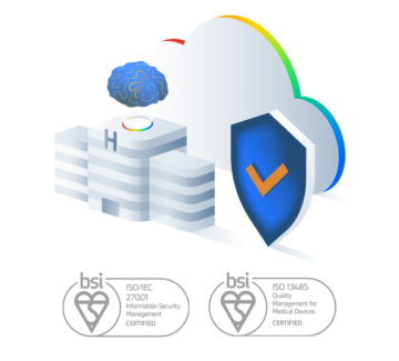 cloud and hospital with ISO certification badges