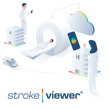Patient in CT scanner while StrokeViewer shows results across hospital network