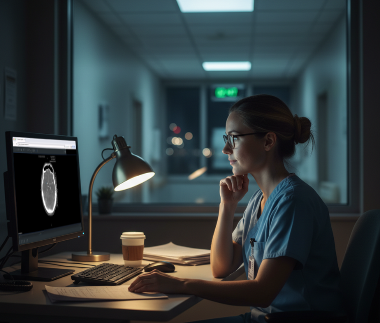 Doctor reviewing AI imaging from scan on computer